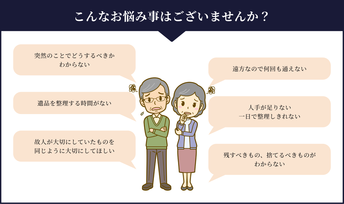 こんなお悩み事はございませんか？ 突然のことでどうするべきか わからない 遠方なので何回も通えない 遺品を整理する時間がない 人手が足りない 一日で整理しきれない 故人が大切にしていたものを 同じように大切にしてほしい 残すべきもの、捨てるべきものが わからない