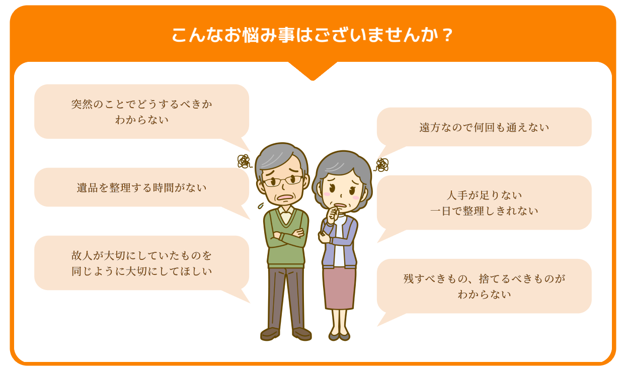 こんなお悩み事はございませんか？ 突然のことでどうするべきか わからない 遠方なので何回も通えない 遺品を整理する時間がない 人手が足りない 一日で整理しきれない 故人が大切にしていたものを 同じように大切にしてほしい 残すべきもの、捨てるべきものが わからない